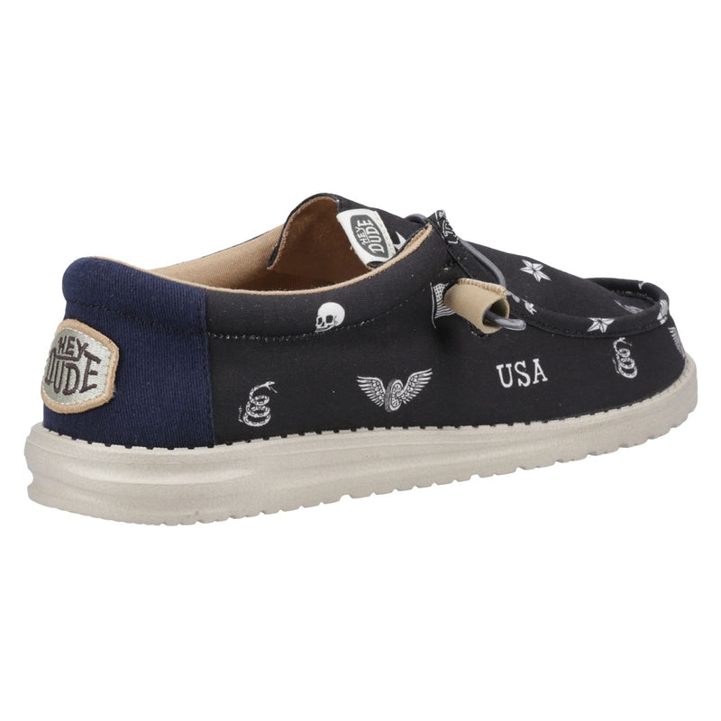 HEYDUDE Wally Stars n Skulls 100% Cotton Men's Black Boat Shoes