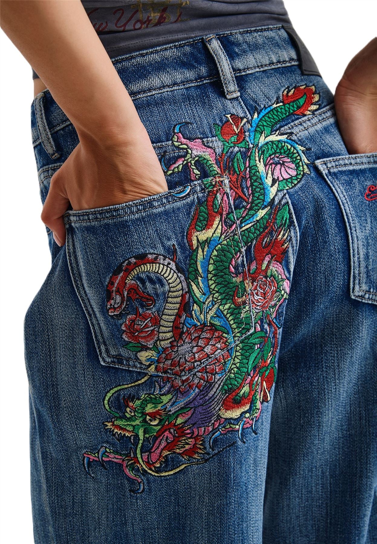 Ed Hardy Crawling Dragon Washed Women's Mid Blue Jeans