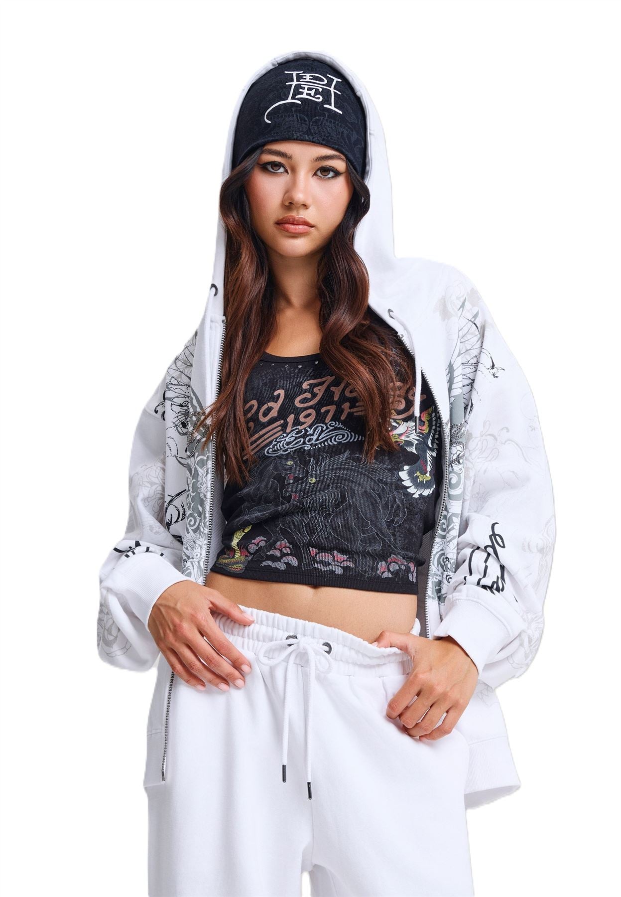 Ed Hardy Diamante Venom Enzyme Wash Relaxed Zip Thru Women's White Hoodie