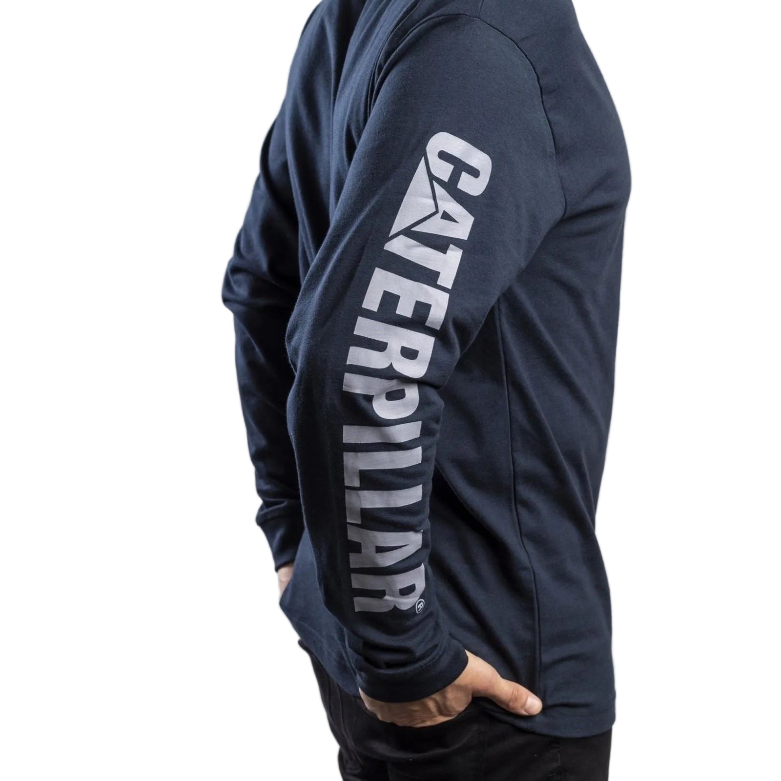 Caterpillar Trademark Banner Long Sleeve Cotton Men's Blue T-Shirt
