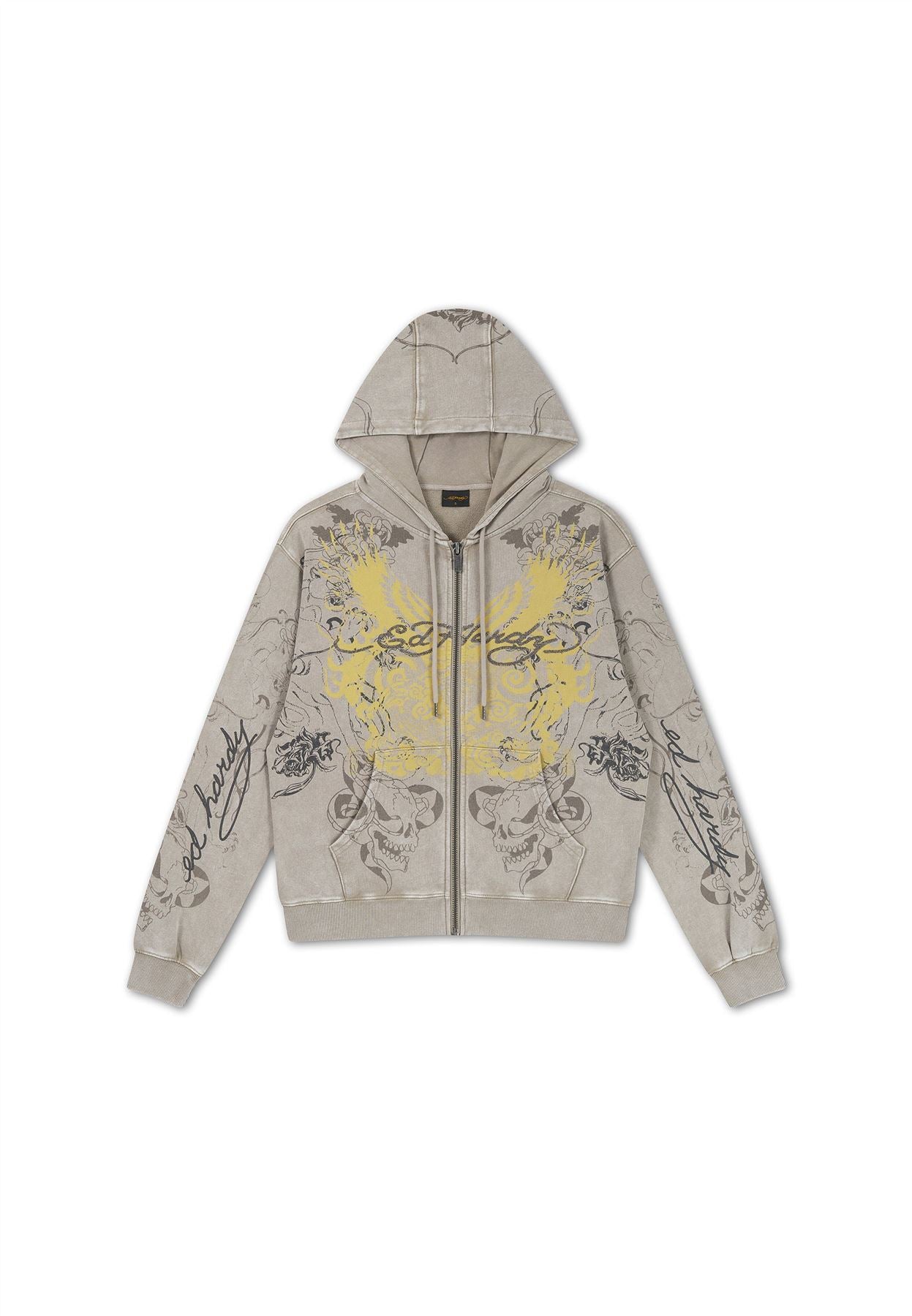 Ed Hardy Diamante Venom Stone Wash Relaxed Zip Thru Women's Grey Hoodie