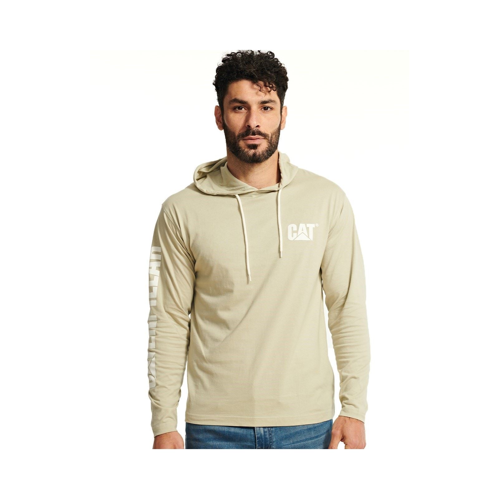 Caterpillar Hooded Long Sleeve Cotton Men's Beige T-Shirt