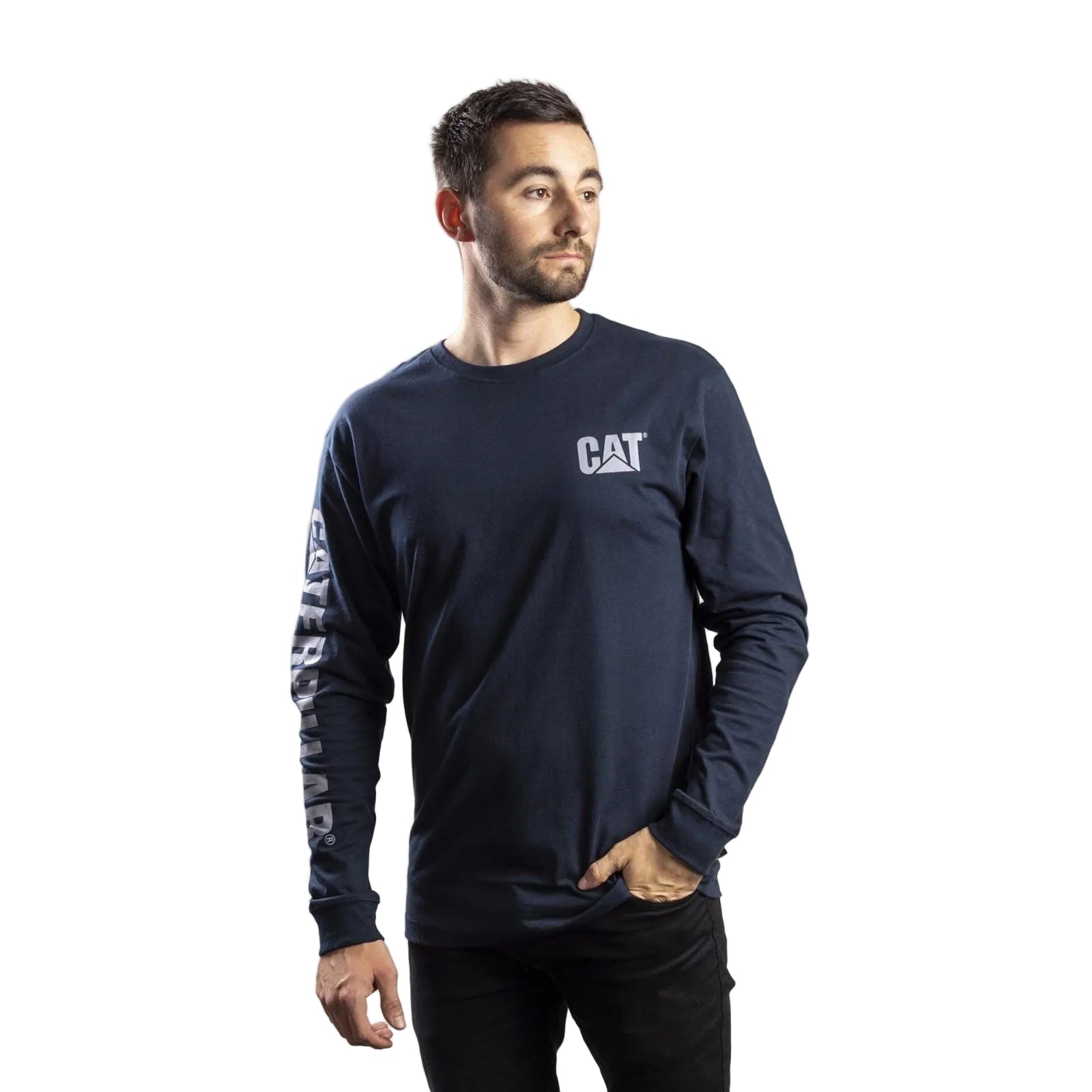 Caterpillar Trademark Banner Long Sleeve Cotton Men's Blue T-Shirt