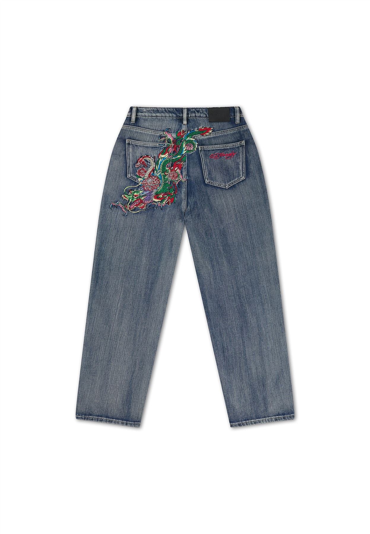 Ed Hardy Crawling Dragon Washed Women's Mid Blue Jeans
