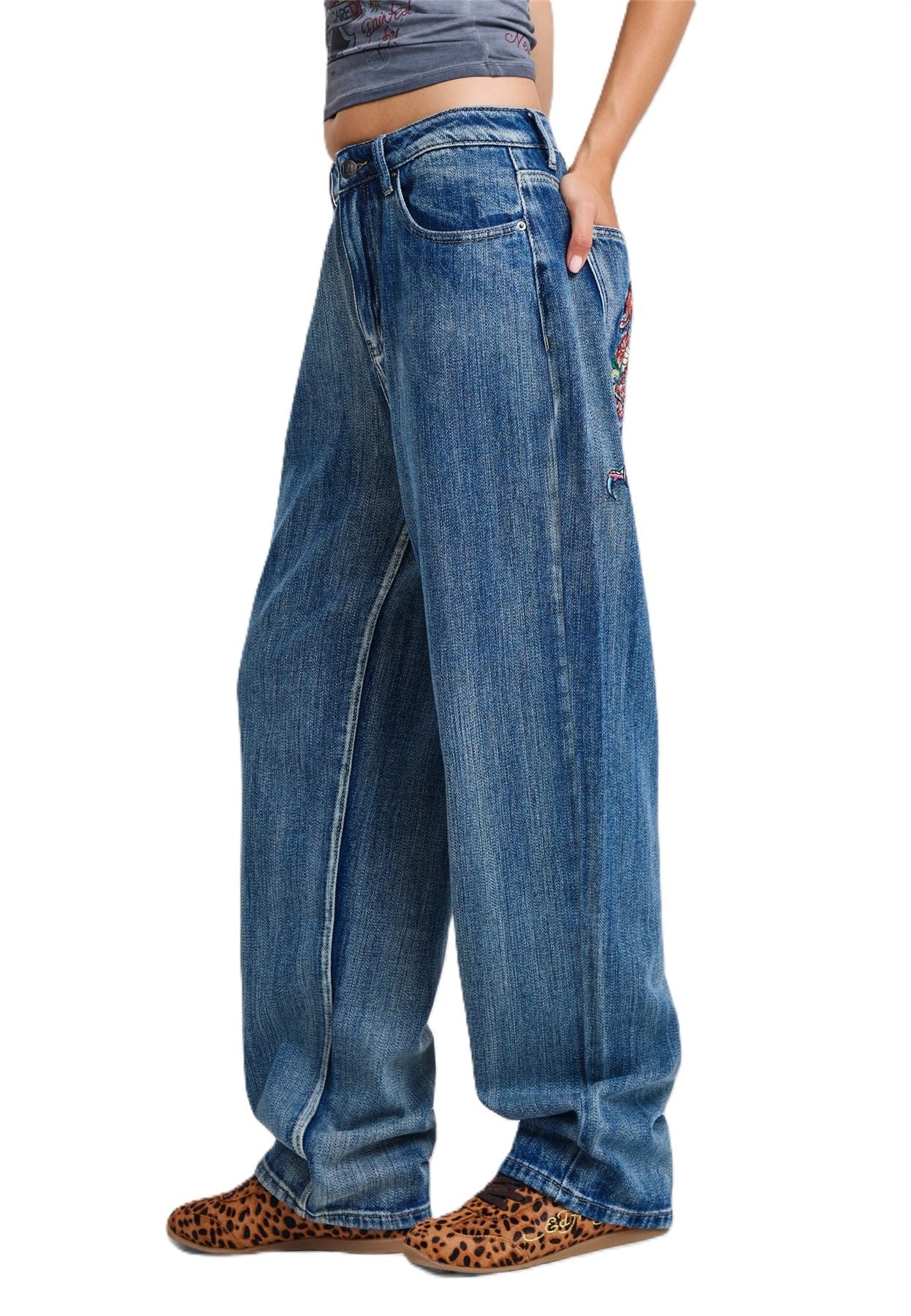 Ed Hardy Crawling Dragon Washed Women's Mid Blue Jeans