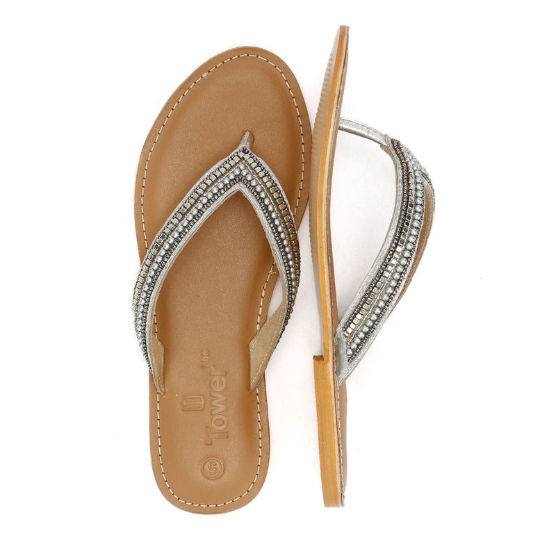 Tower London Metallic Bead Thong Women's Silver Sandals