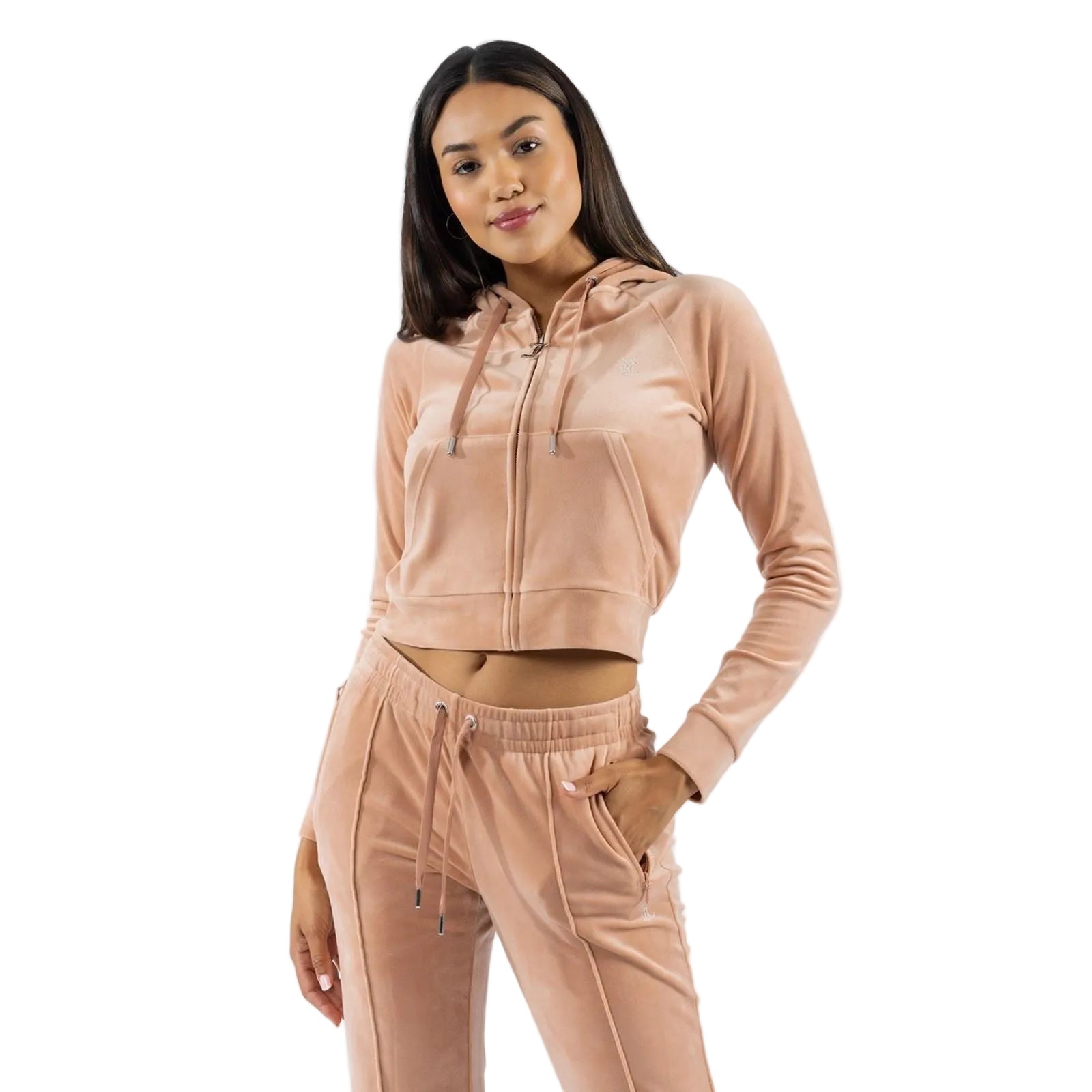 Juicy Couture Classic Velour Hoodie With Juicy Logo Polyester Women's Beige Hooded Sweatshirt