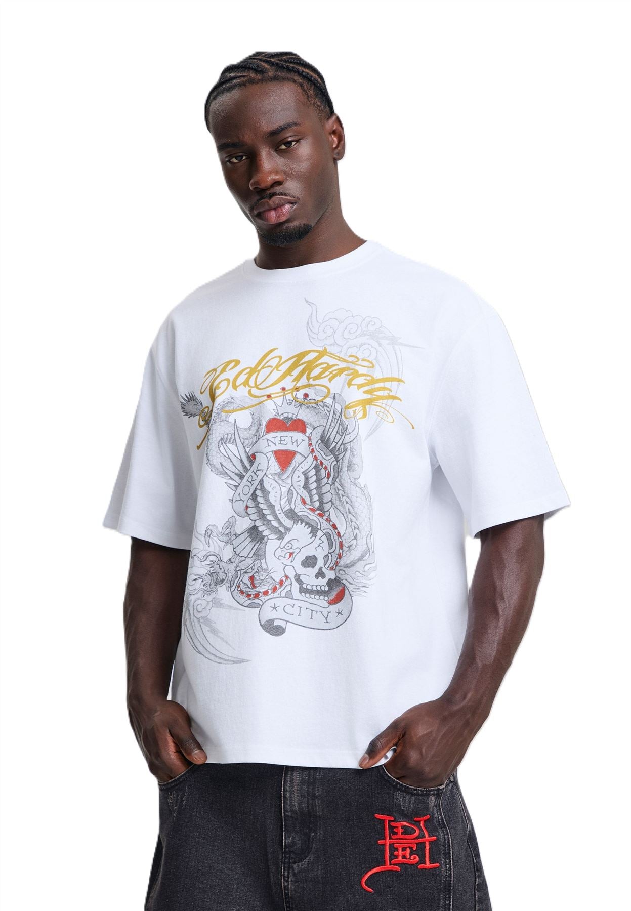 Ed Hardy Storming New York Graphic Relaxed Men's White T-Shirts