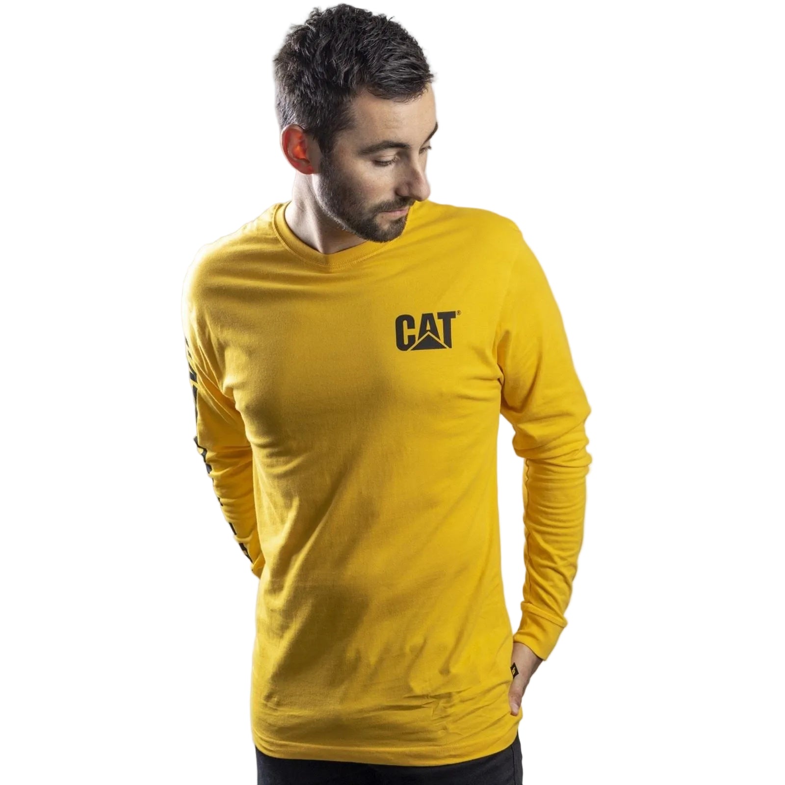 Caterpillar Trademark Banner Long Sleeve Cotton Men's Yellow T-Shirt