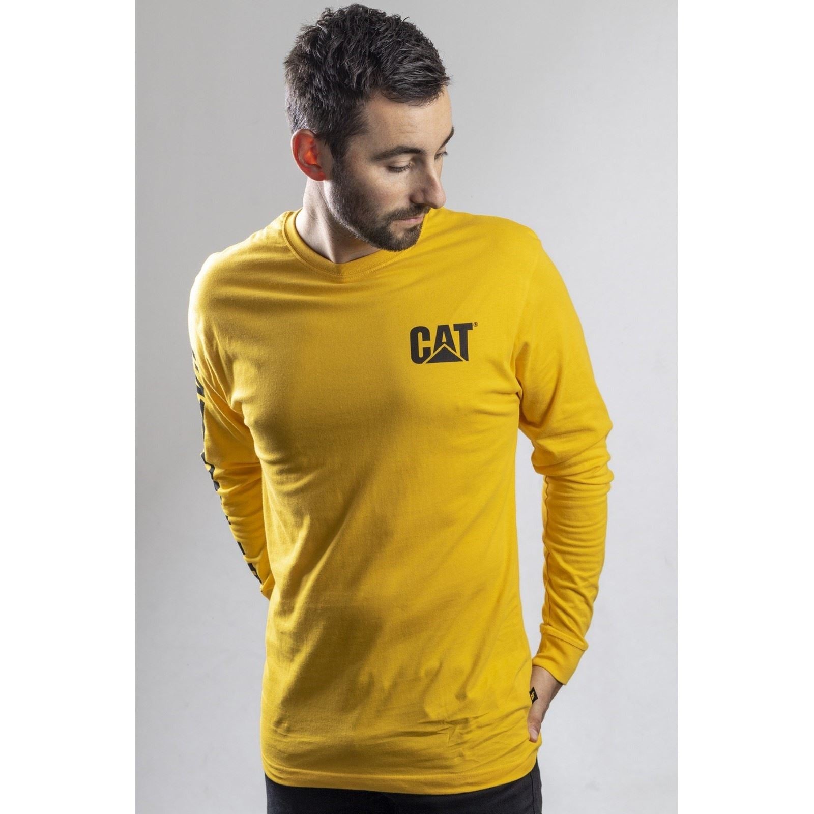 Caterpillar Trademark Banner Long Sleeve Cotton Men's Yellow T-Shirt
