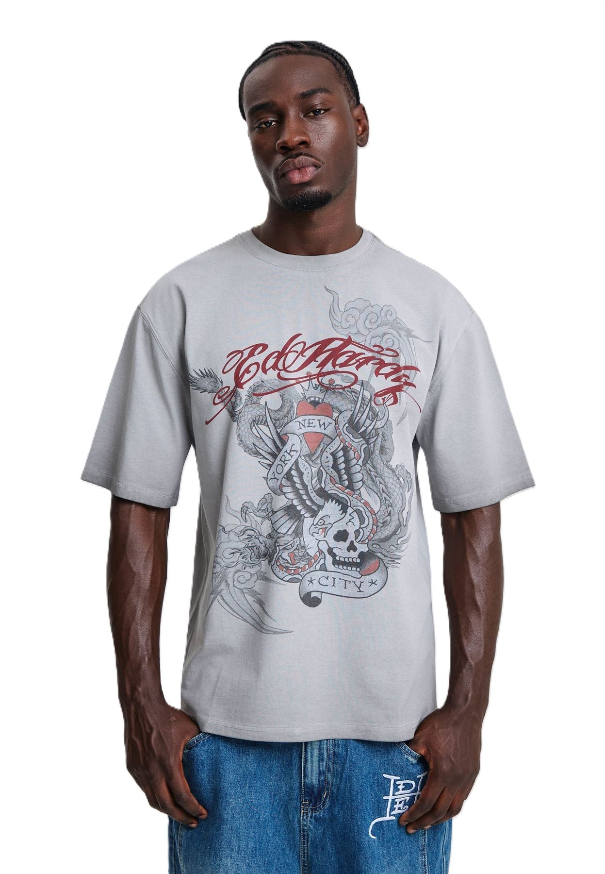 Ed Hardy Oil Wash New York Graphic Relaxed Men's Grey T-Shirts