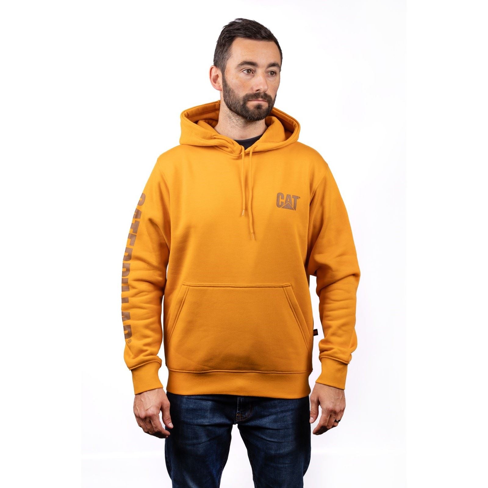 Caterpillar Trademark Banner Cotton Men's Yellow Hooded Sweatshirt
