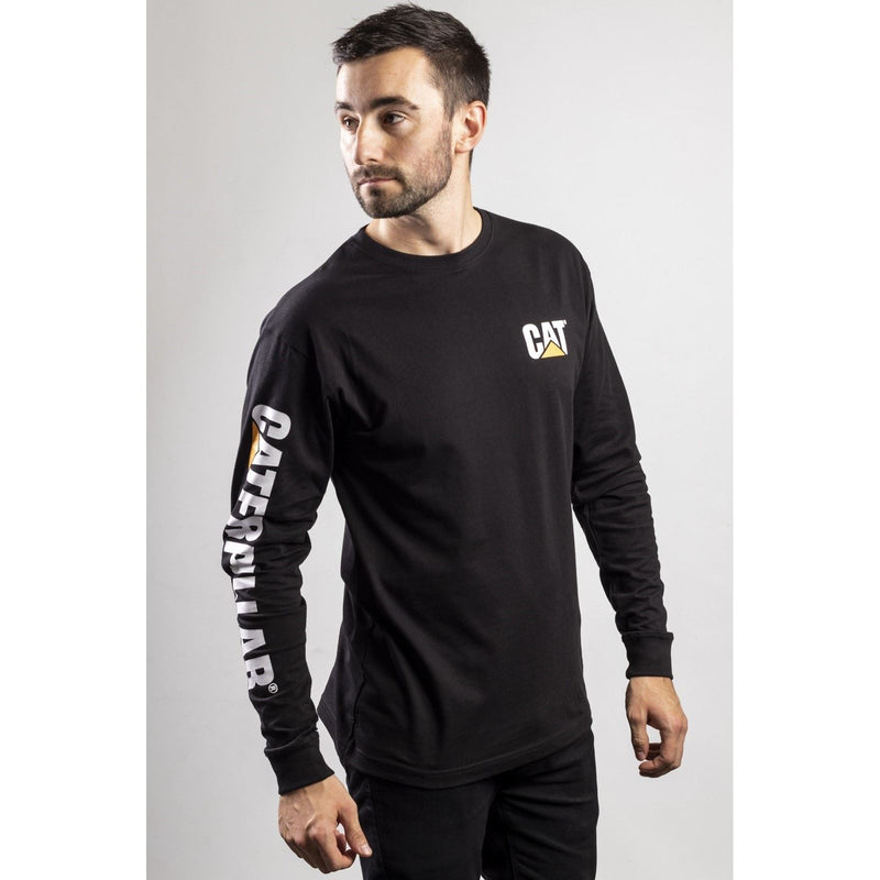 Caterpillar Trademark Banner Long Sleeve Cotton Men's Black T-Shirt