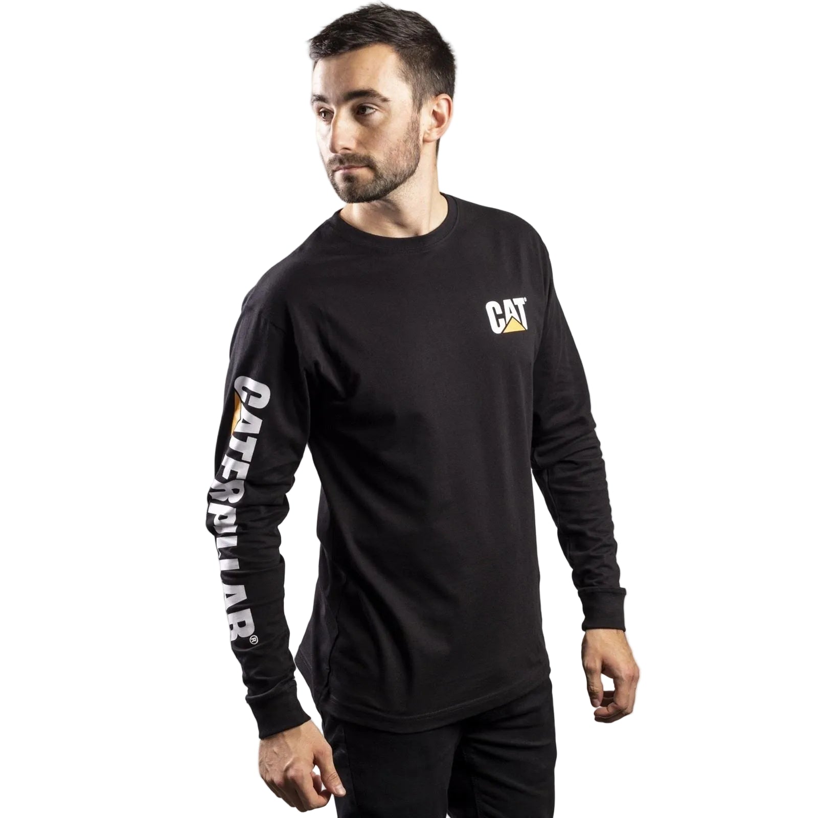 Caterpillar Trademark Banner Long Sleeve Cotton Men's Black T-Shirt