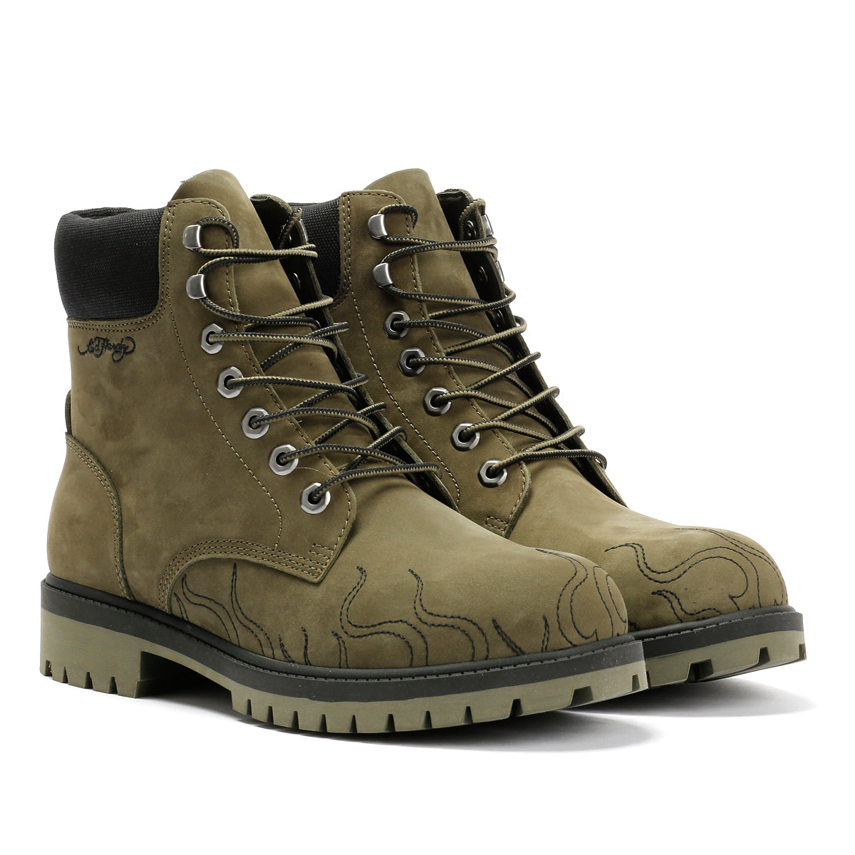 Ed Hardy Embroidered Flames Nubuck Men's Khaki Boots