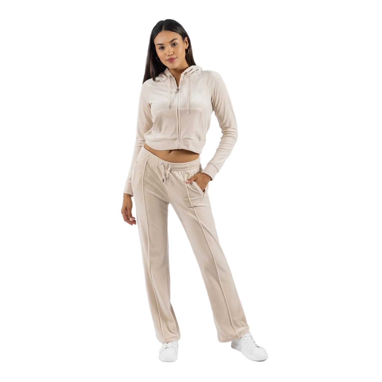 Juicy Couture Classic Velour With Juicy Logo Polyester Women's Tan Hooded Sweatshirt