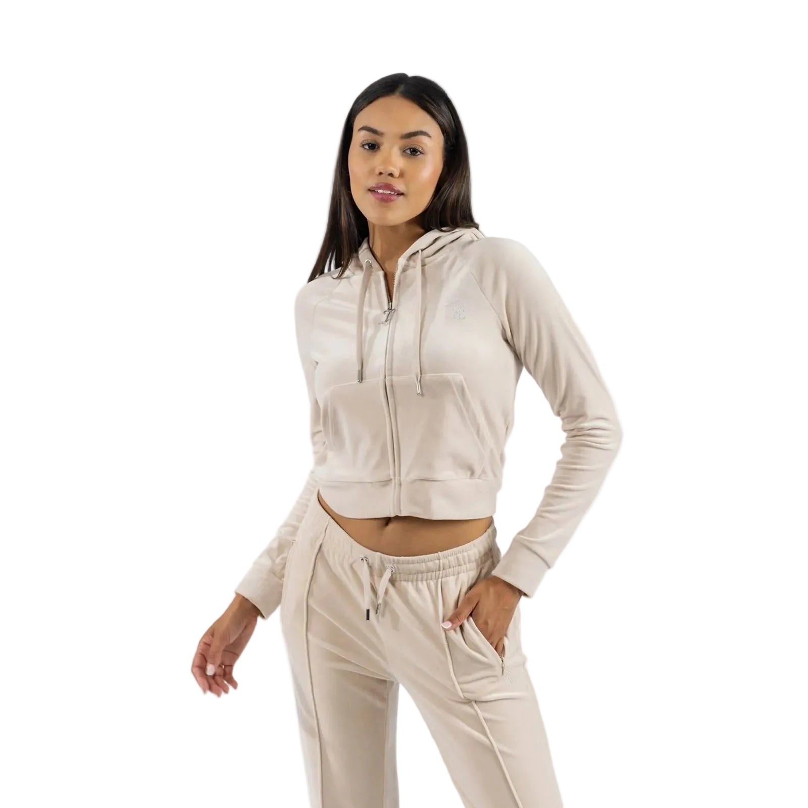 Juicy Couture Classic Velour With Juicy Logo Polyester Women's Tan Hooded Sweatshirt