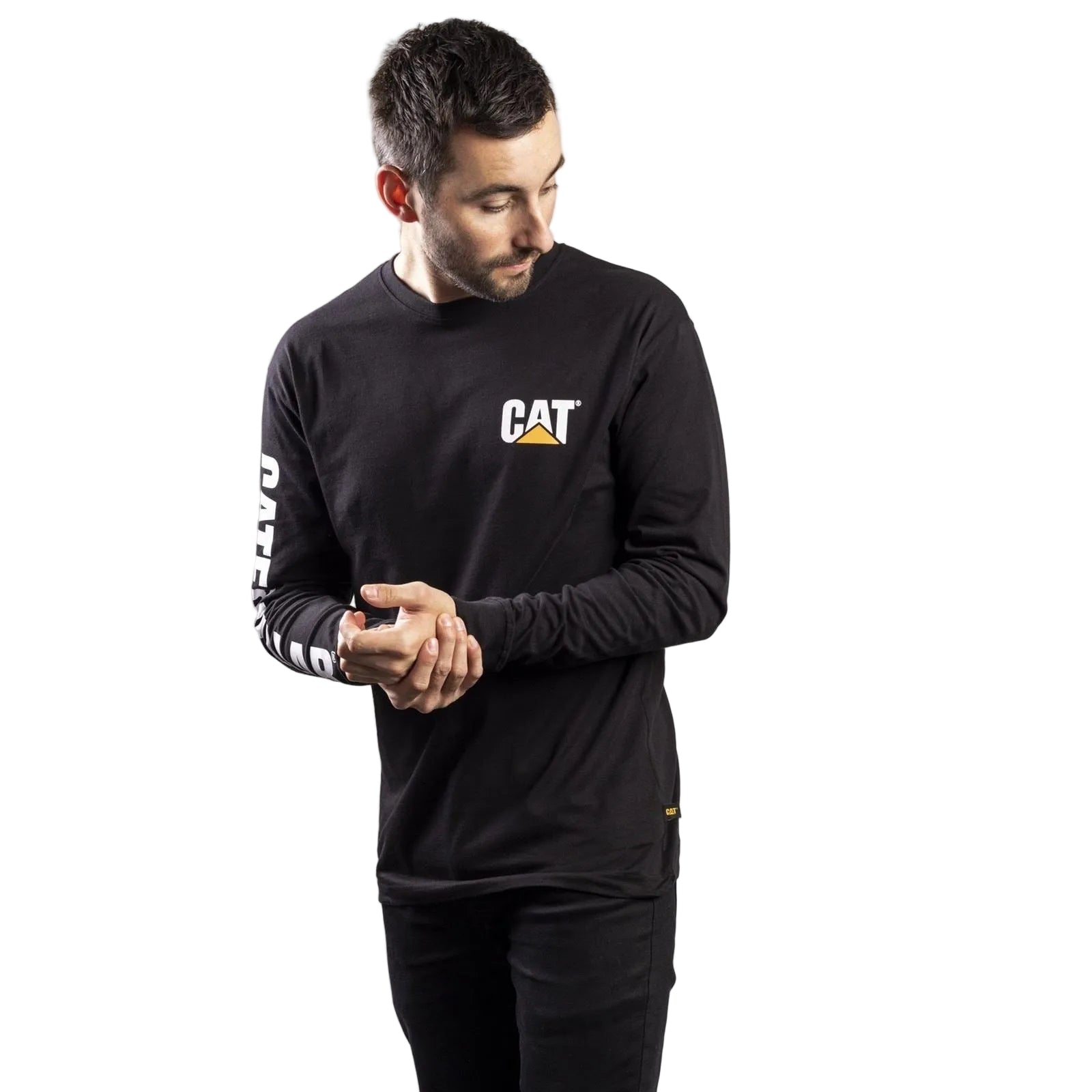 Caterpillar Trademark Banner Long Sleeve Cotton Men's Black T-Shirt