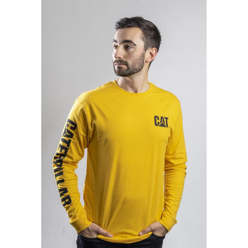 Caterpillar Trademark Banner Long Sleeve Cotton Men's Yellow T-Shirt
