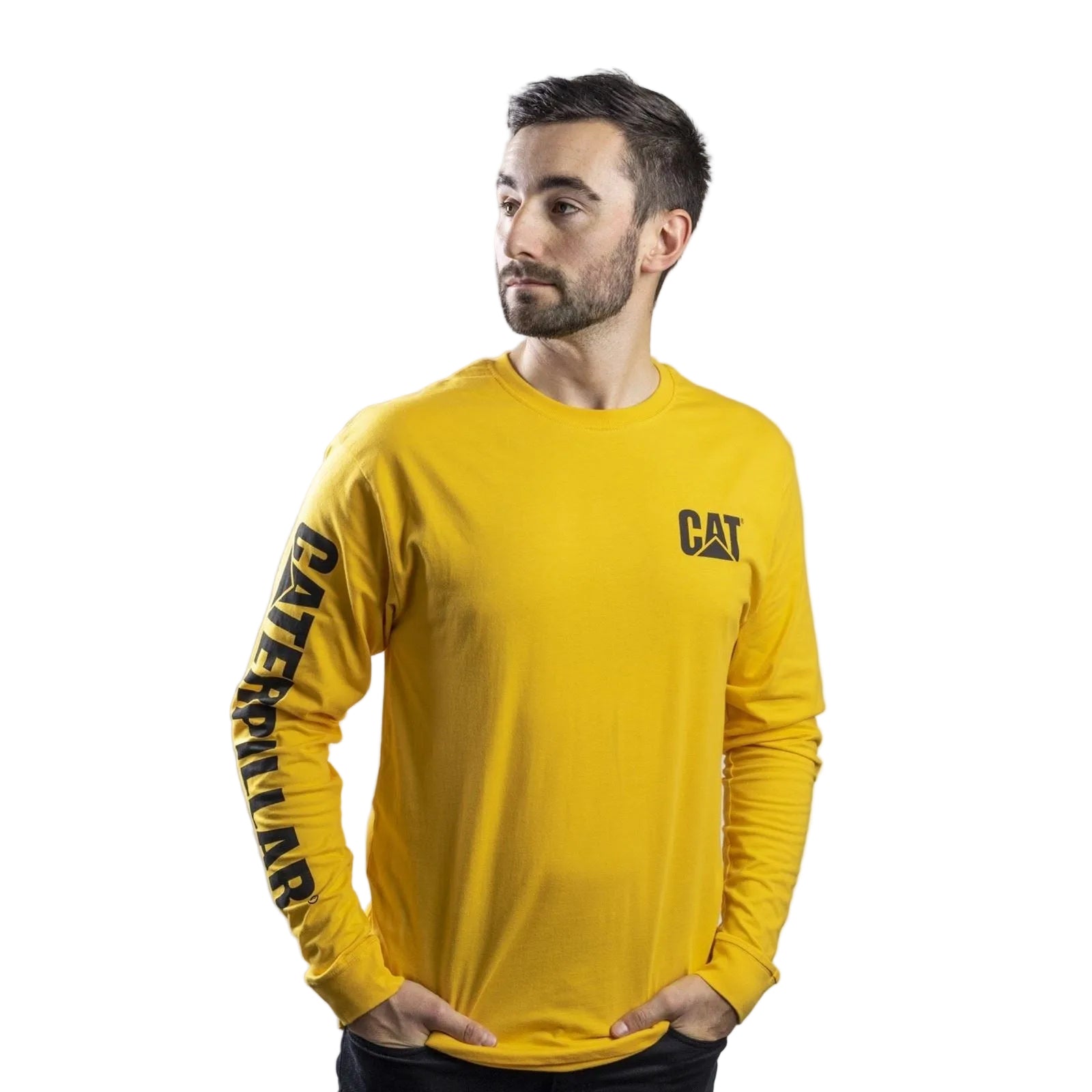 Caterpillar Trademark Banner Long Sleeve Cotton Men's Yellow T-Shirt