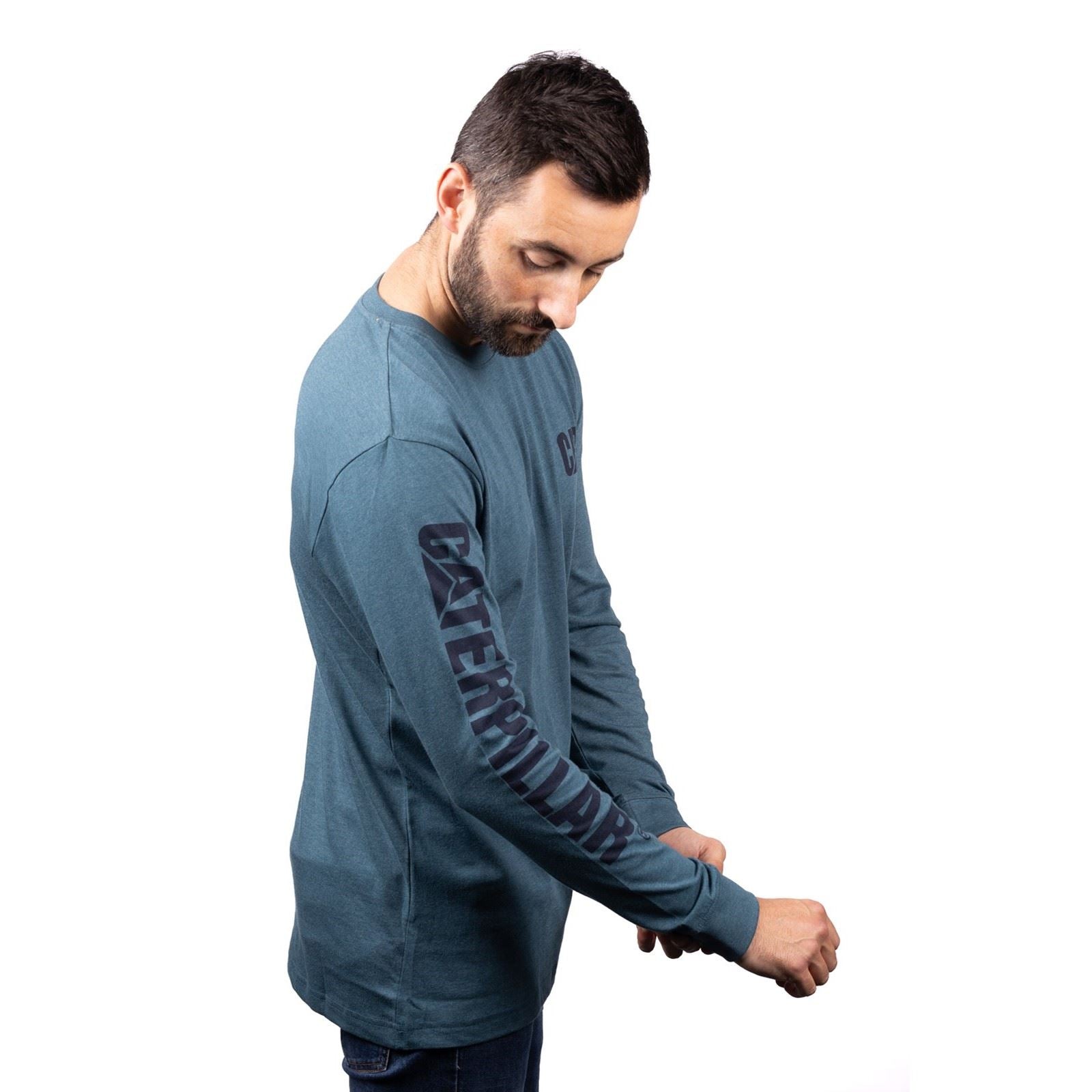Caterpillar Trademark Banner Long Sleeve Cotton Men's Green T-Shirt