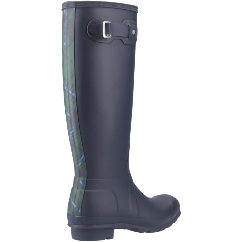 Hunter Womens Navy Tall Tartan Back Strap Wellington Boots