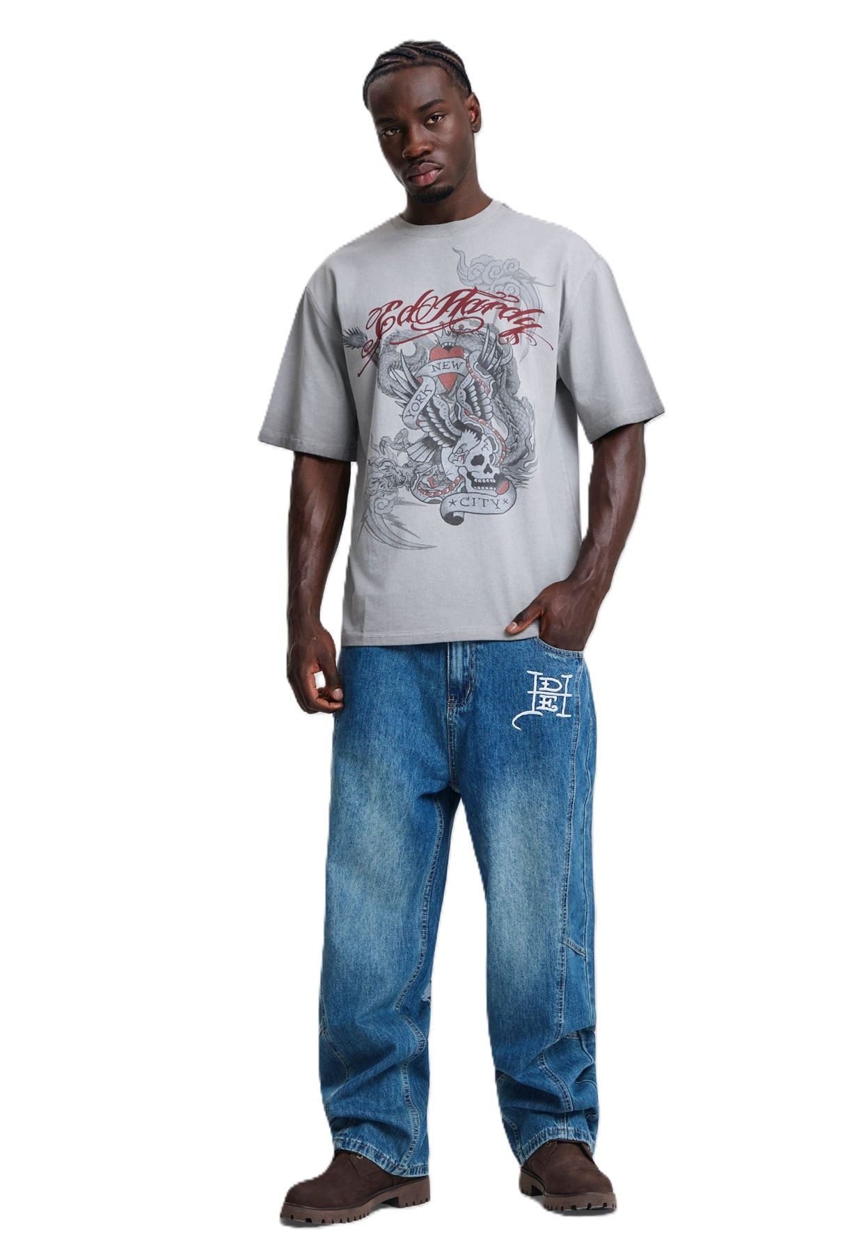 Ed Hardy Oil Wash New York Graphic Relaxed Men's Grey T-Shirts
