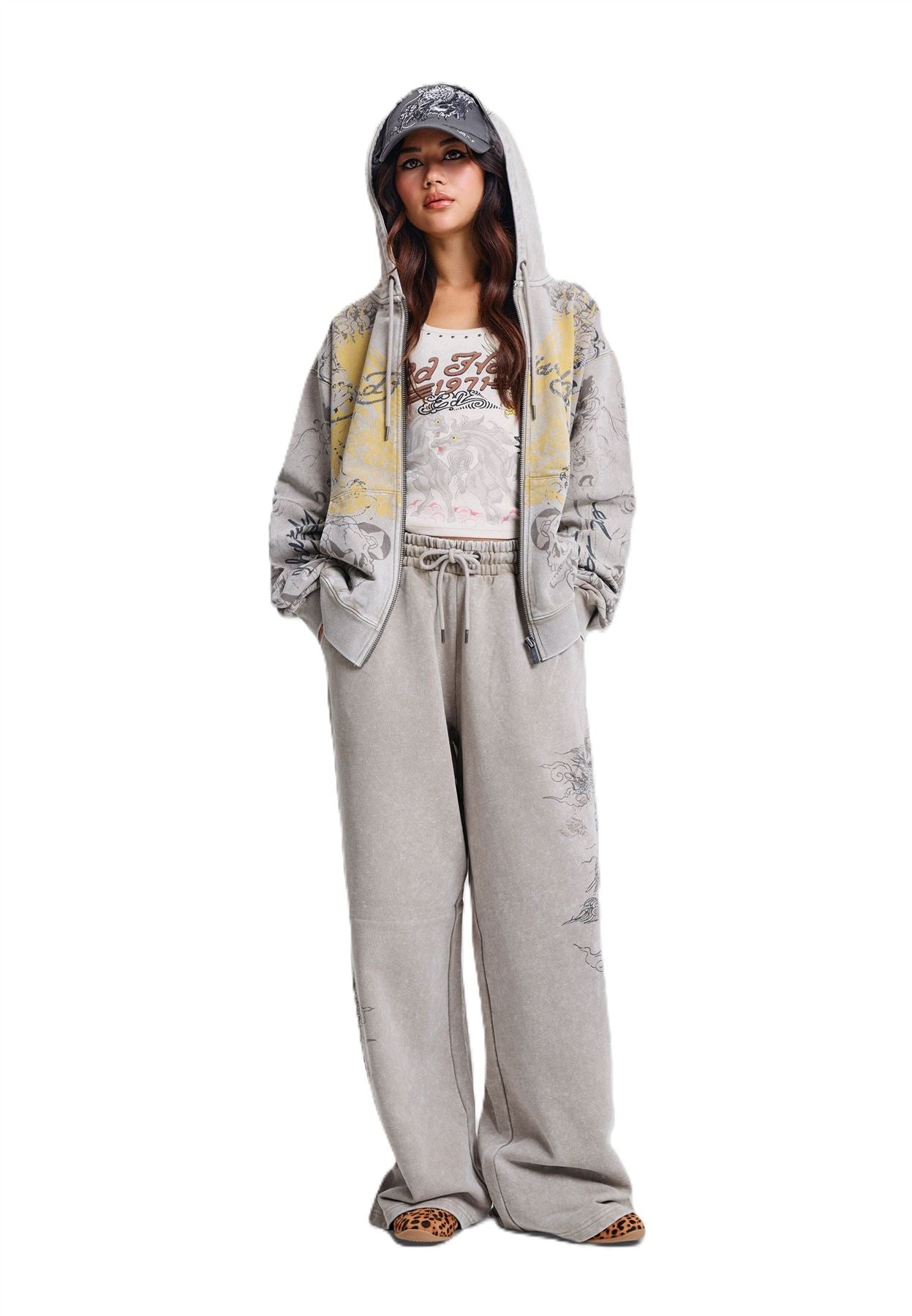 Ed Hardy Diamante Venom Stone Wash Relaxed Zip Thru Women's Grey Hoodie