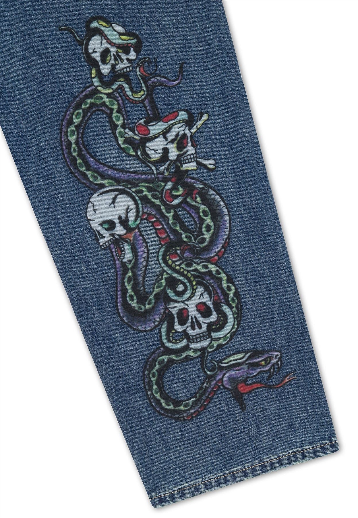 Ed Hardy Serpent Skull Graphic Relaxed Men's Mid Blue Jeans