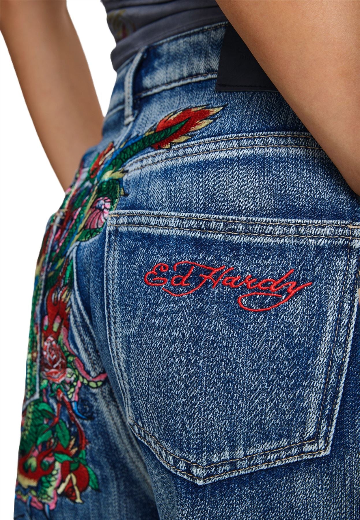 Ed Hardy Crawling Dragon Washed Women's Mid Blue Jeans