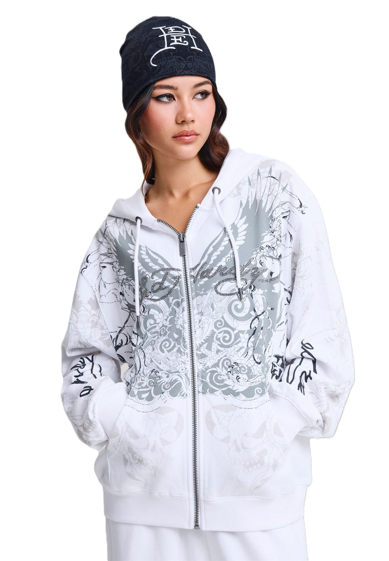 Ed Hardy Diamante Venom Enzyme Wash Relaxed Zip Thru Women's White Hoodie