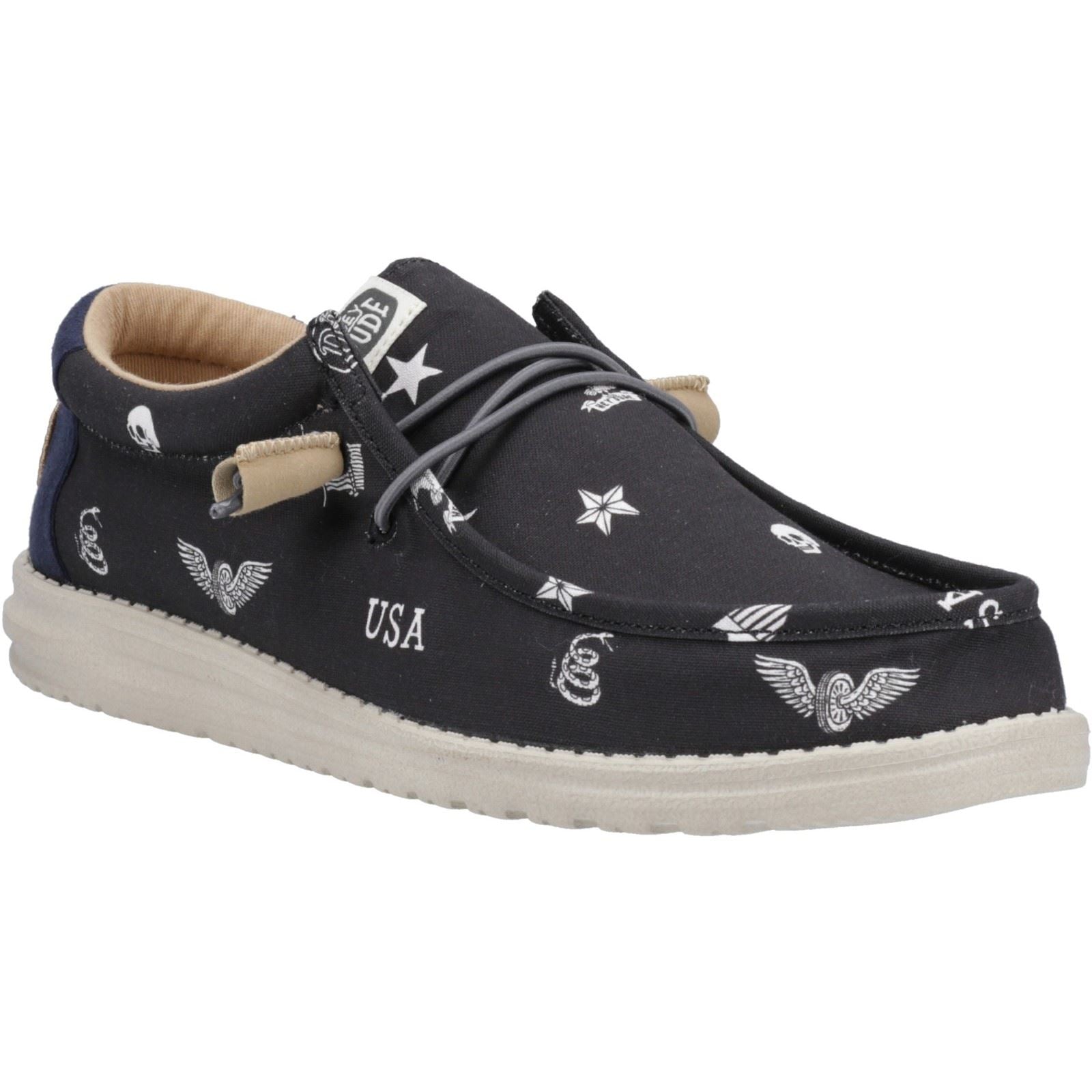 HEYDUDE Wally Stars n Skulls 100% Cotton Men's Black Shoes