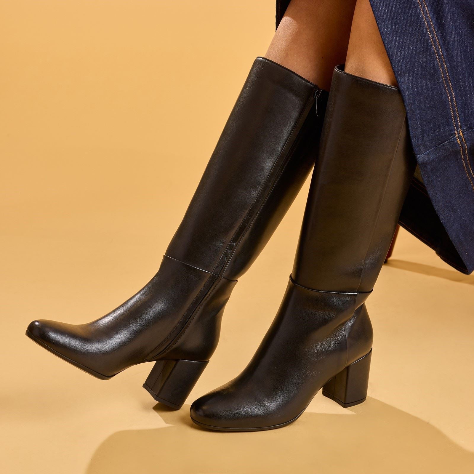 Hush Puppies Oprah Long Leather Women's Black Heeled Knee High Boots