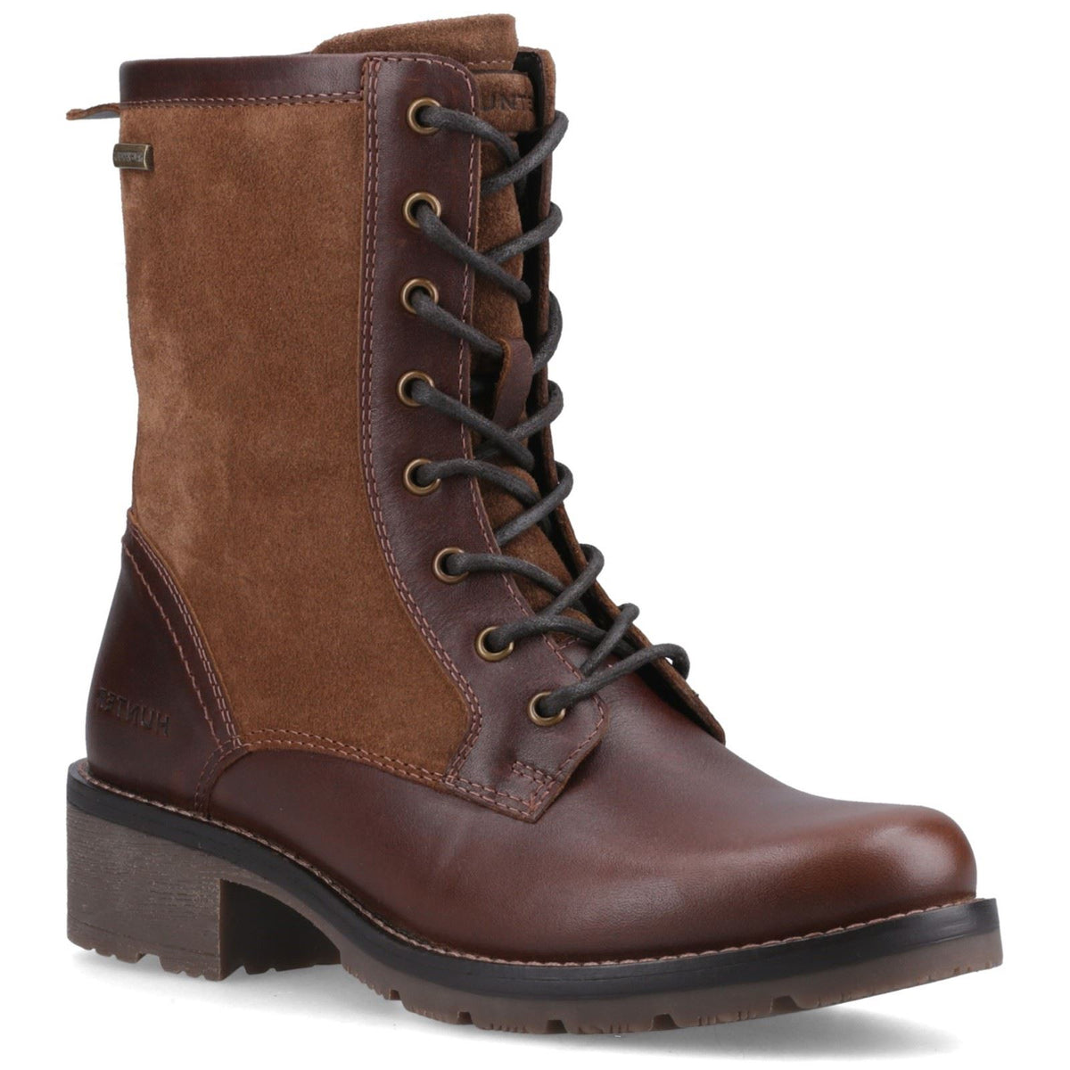 Hunter Maree Lace WP Leather Women's Tan/Chocolate Brown Heeled Mid Calf Boots