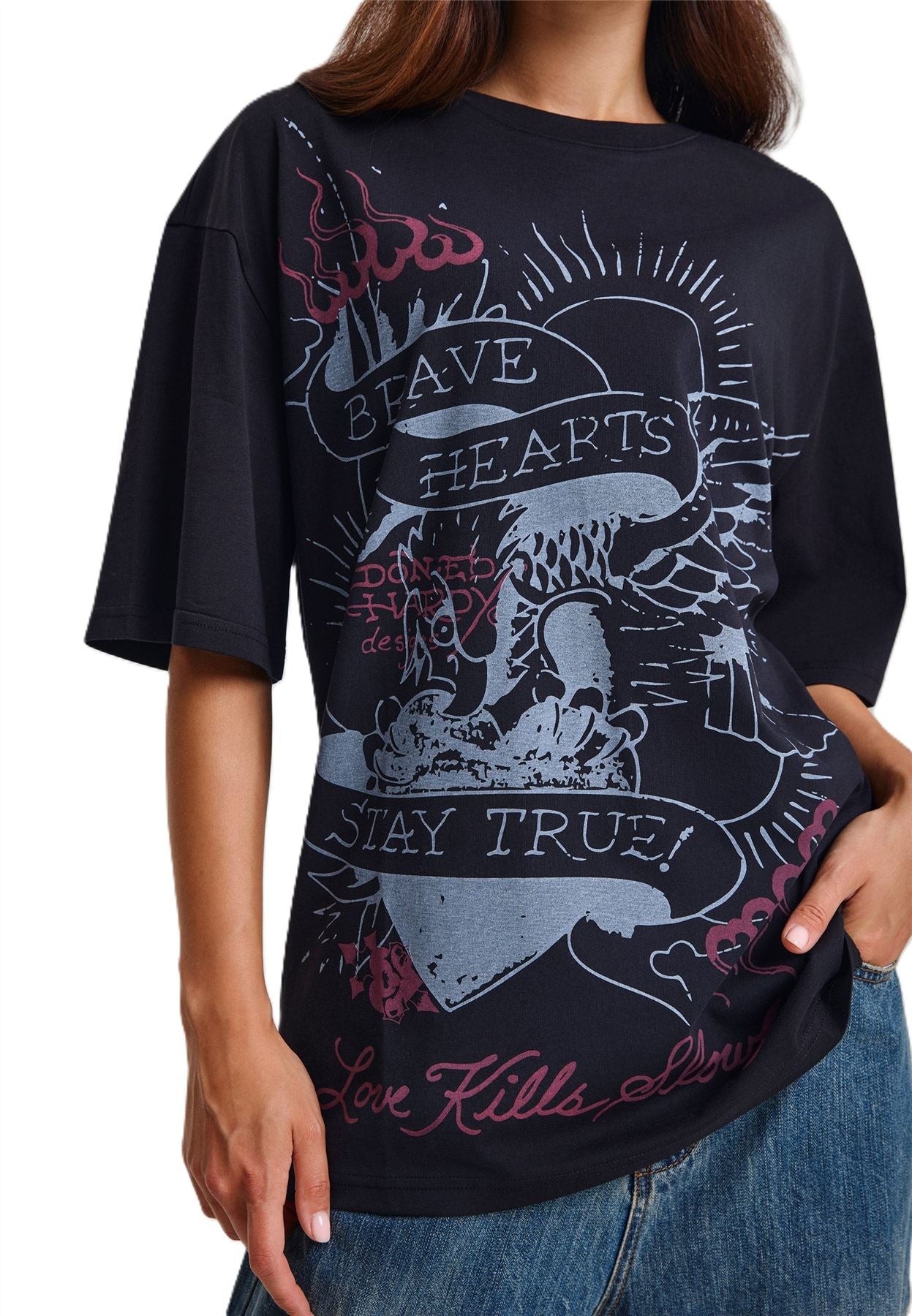Ed Hardy Brave Hearts True Washed Relaxed Women's Black T-Shirts