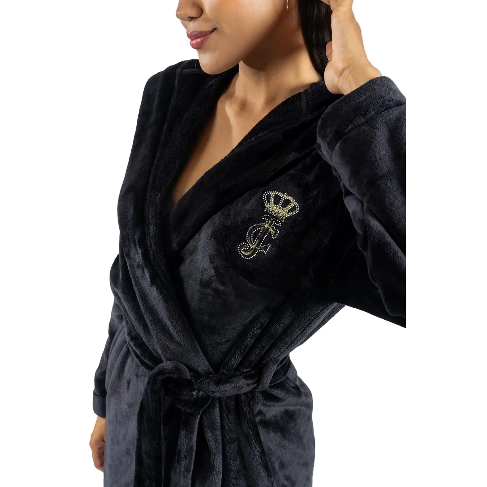 Juicy Couture Crown Plush Hooded Synthetic Women's Black Loungewear Robe
