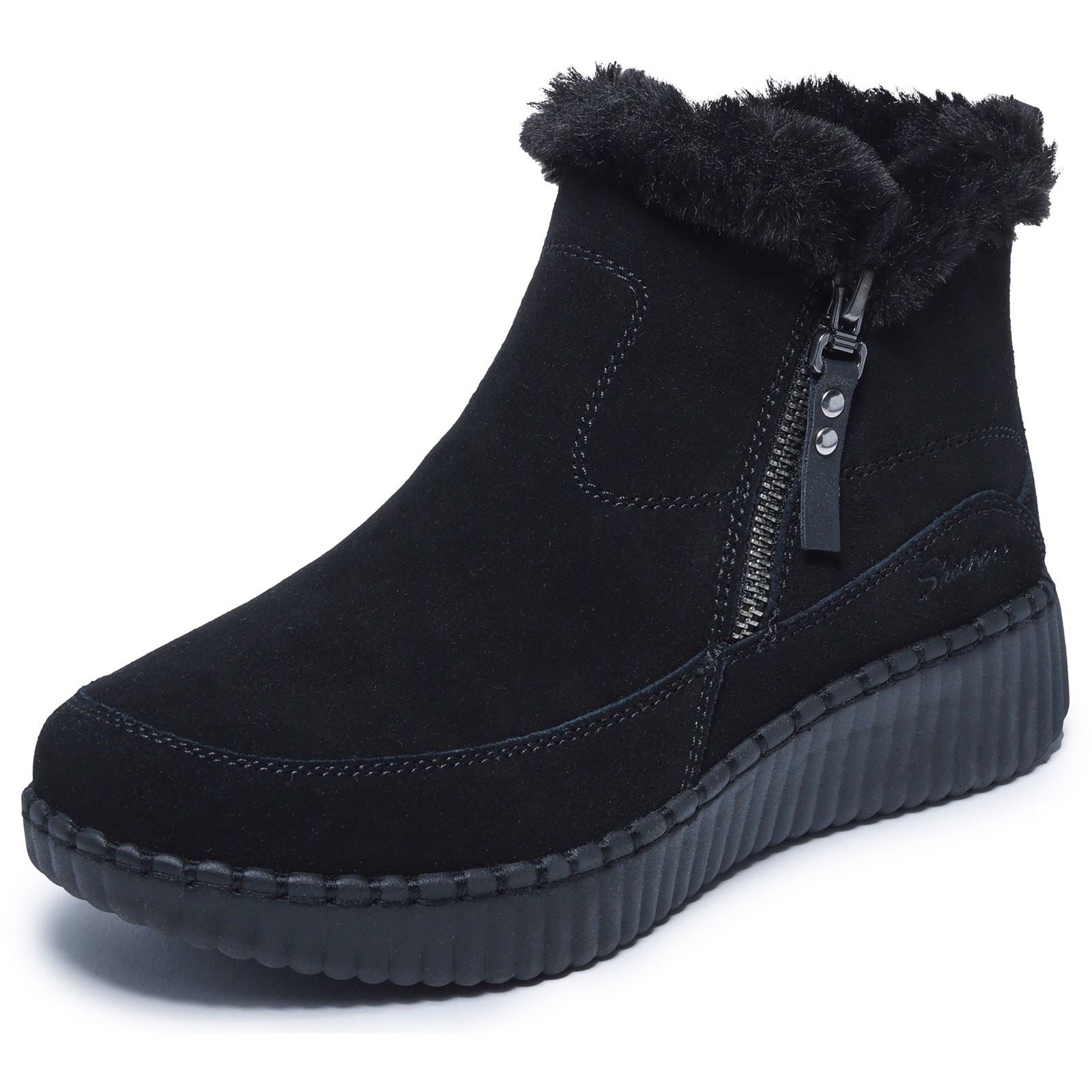 Skechers Wilshire BLVD Fresh Zip Leather Women's Black Suede/Faux Fur Boots