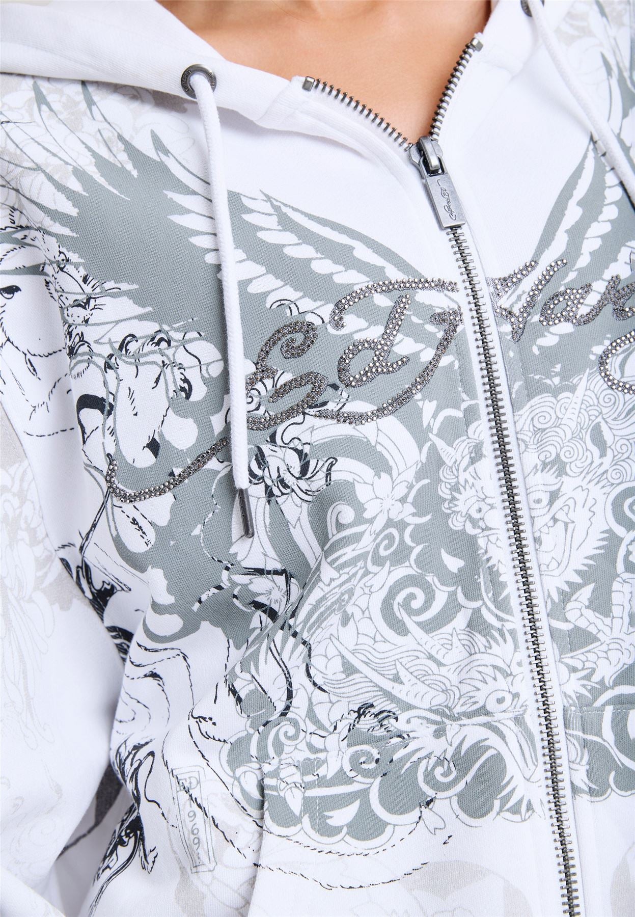 Ed Hardy Diamante Venom Enzyme Wash Relaxed Zip Thru Women's White Hoodie