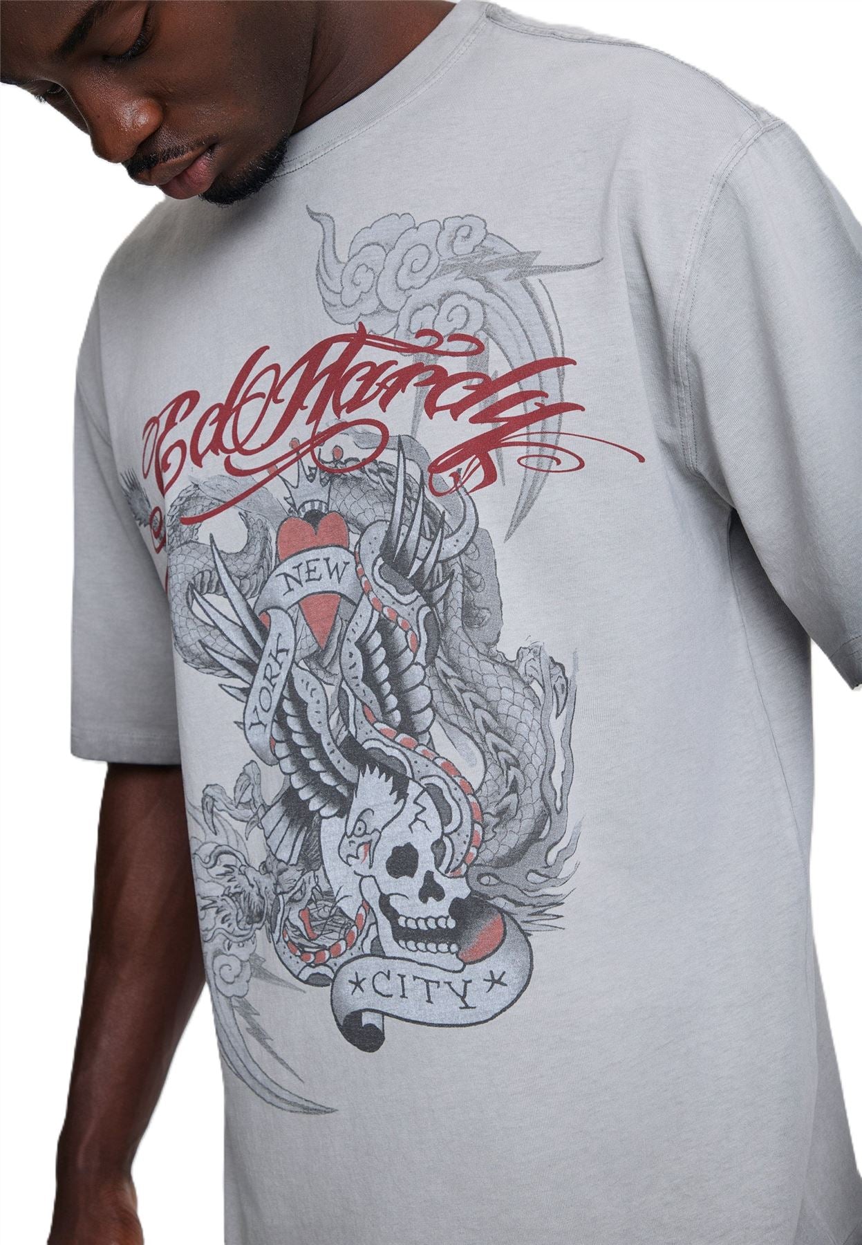 Ed Hardy Oil Wash New York Graphic Relaxed Men's Grey T-Shirts