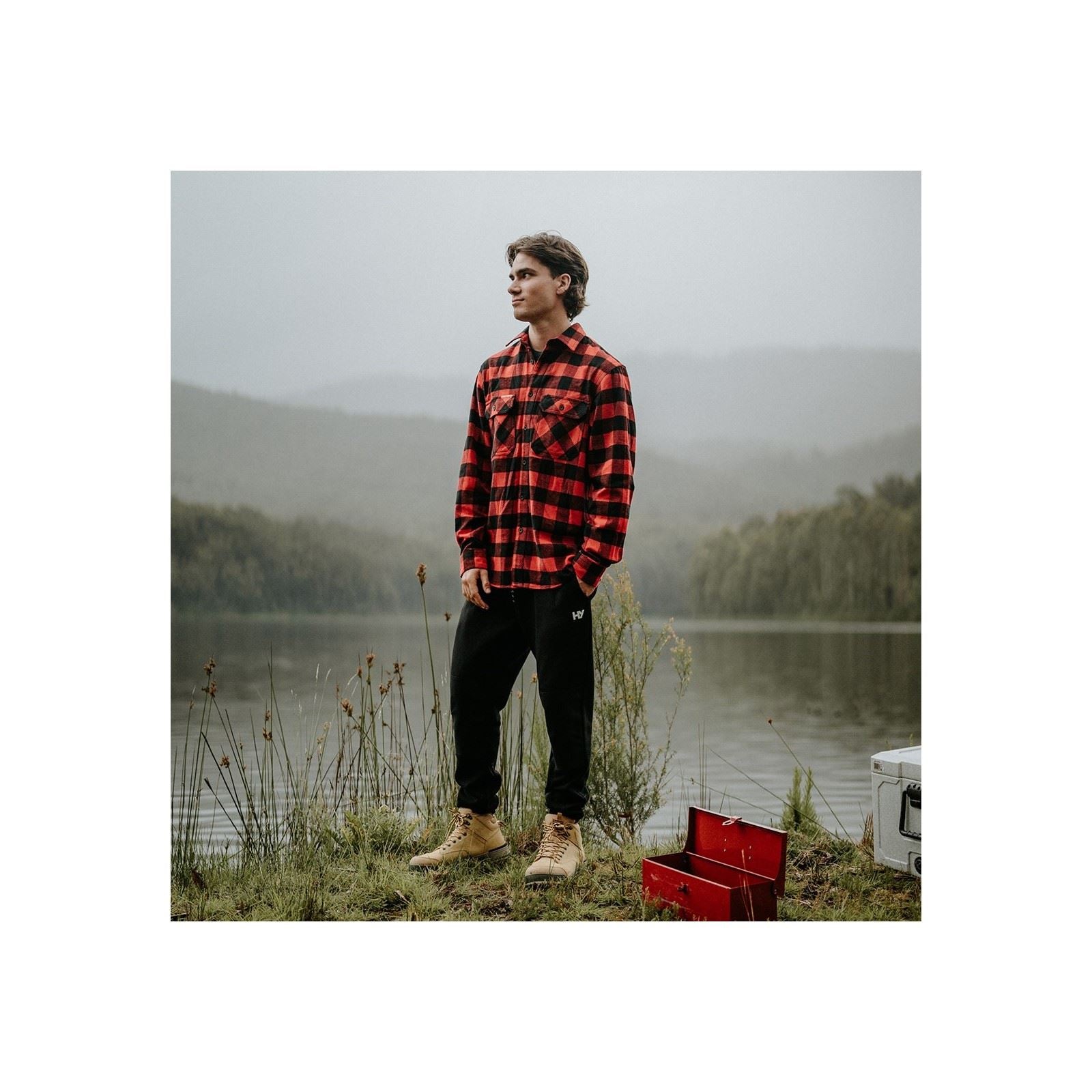 Hard Yakka Long Sleeve Check Flannel Cotton Men's Red Casual Shirt