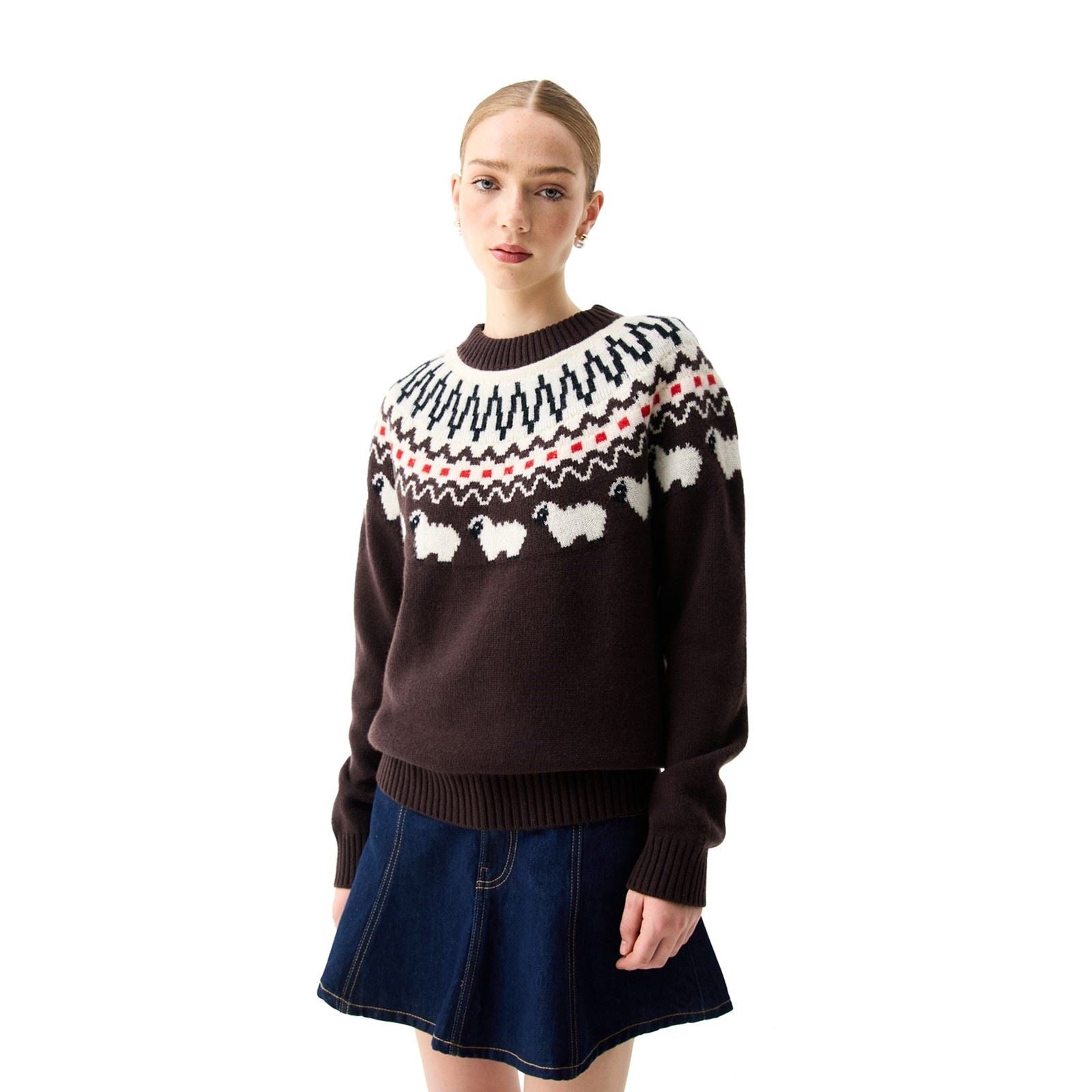 Hunter Ashie Crew Fair Isle Knit Polyester Women's Chocolate Crew Neck Jumpers