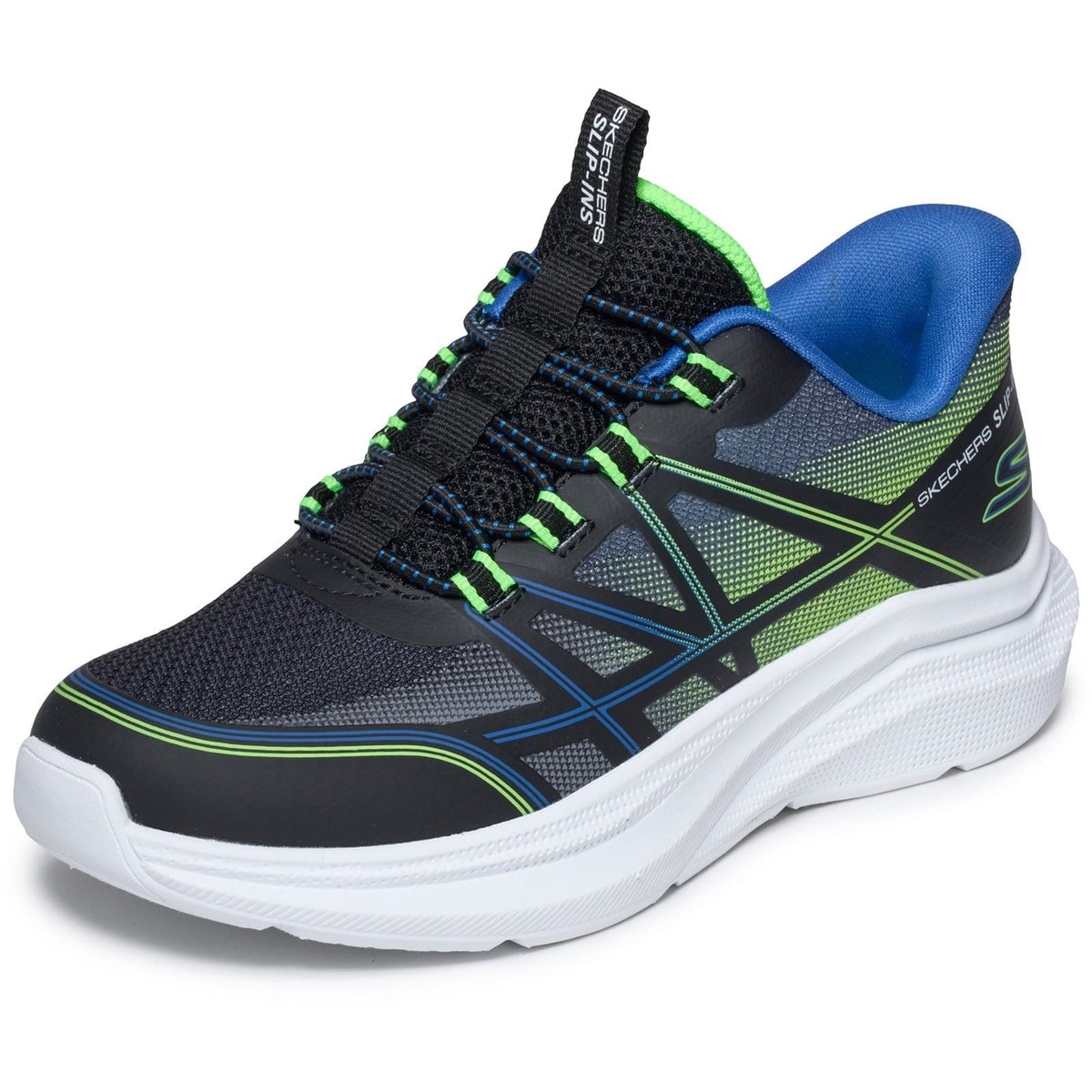 Skechers Microspec Velocity Grid-Shift Black/Blue & Lime Trainers
