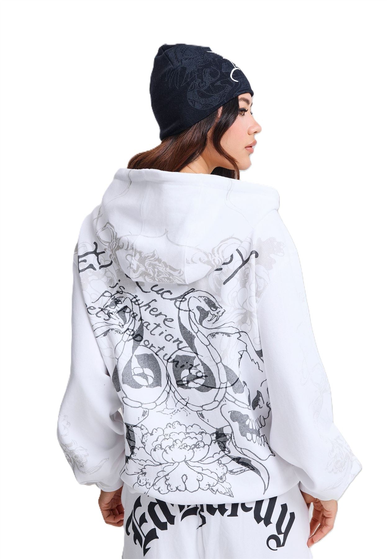Ed Hardy Diamante Venom Enzyme Wash Relaxed Zip Thru Women's White Hoodie