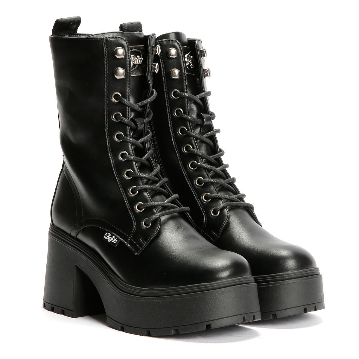Bottes Femme Buffalo Mila - Mi-mollet à Lacets - Cuir Vegan - Talon Compensé - Taille 36 à 40