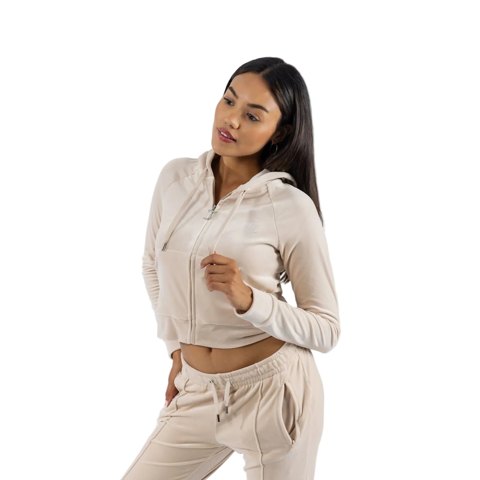 Juicy Couture Classic Velour With Juicy Logo Polyester Women's Tan Hooded Sweatshirt