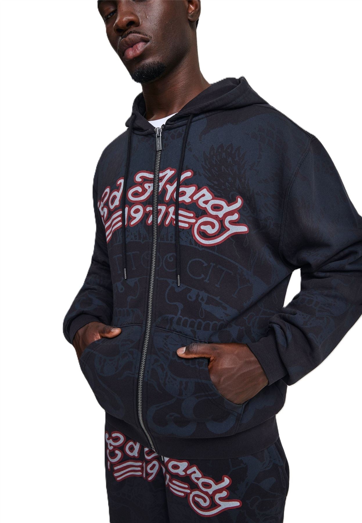 Ed Hardy Shadow Eagle Graphic Relaxed Zip Thru Men's Black Hoodie