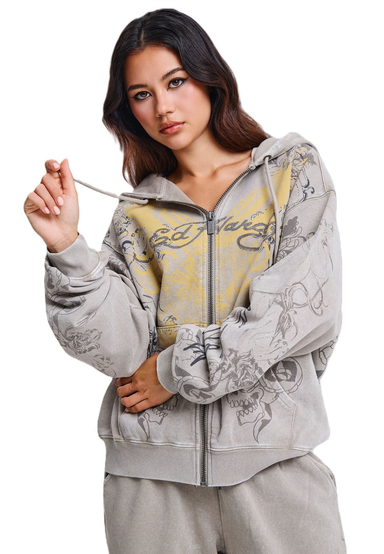 Ed Hardy Diamante Venom Stone Wash Relaxed Zip Thru Women's Grey Hoodie
