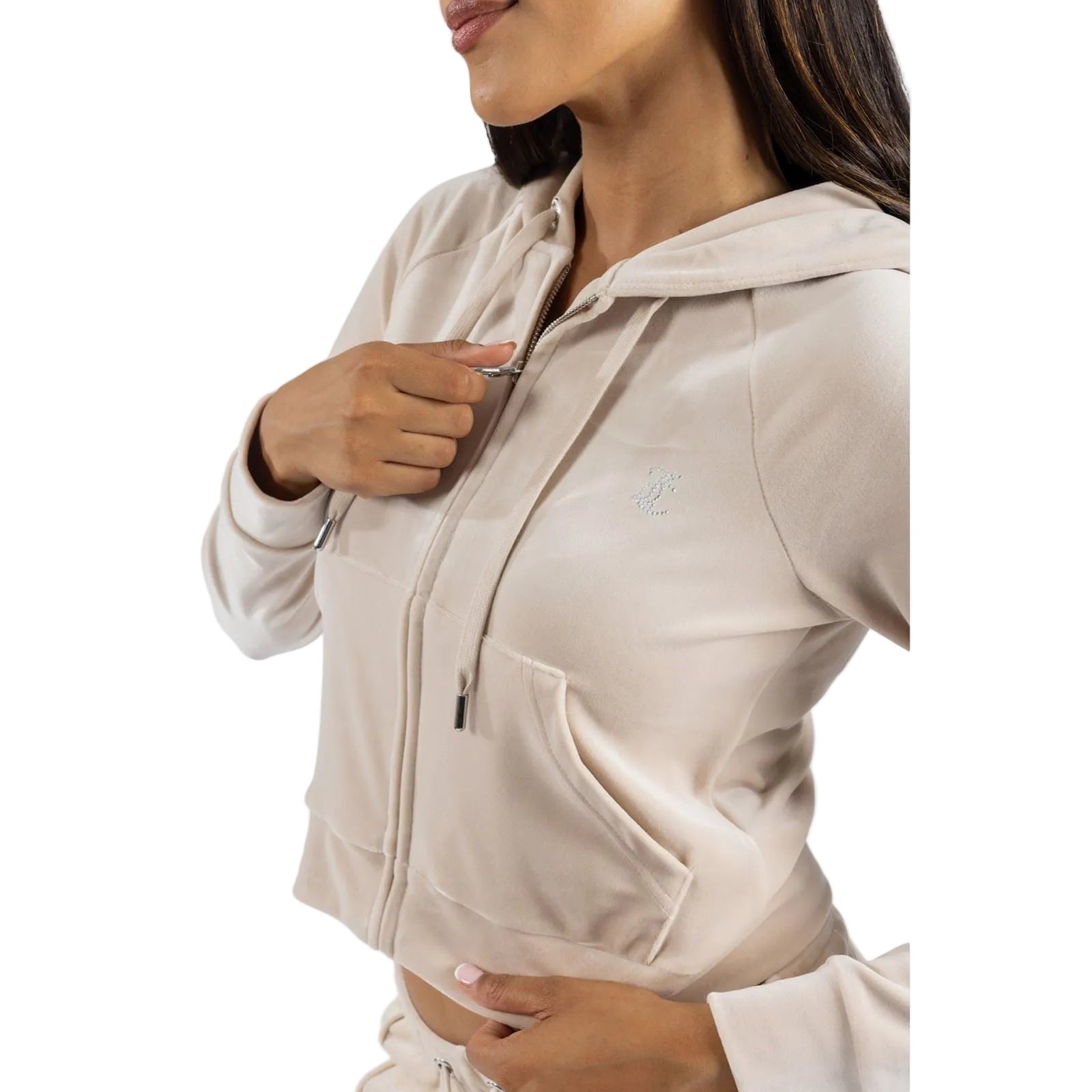 Juicy Couture Classic Velour With Juicy Logo Polyester Women's Tan Hooded Sweatshirt