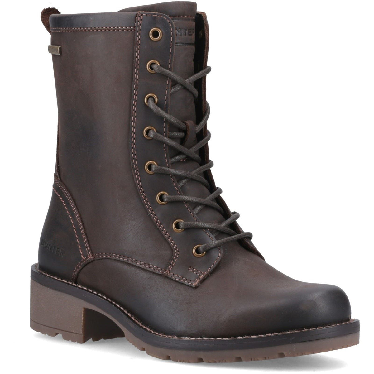 Hunter Maree Lace Mid WP Leather Women's Chocolate Brown Heeled Mid Calf Boots