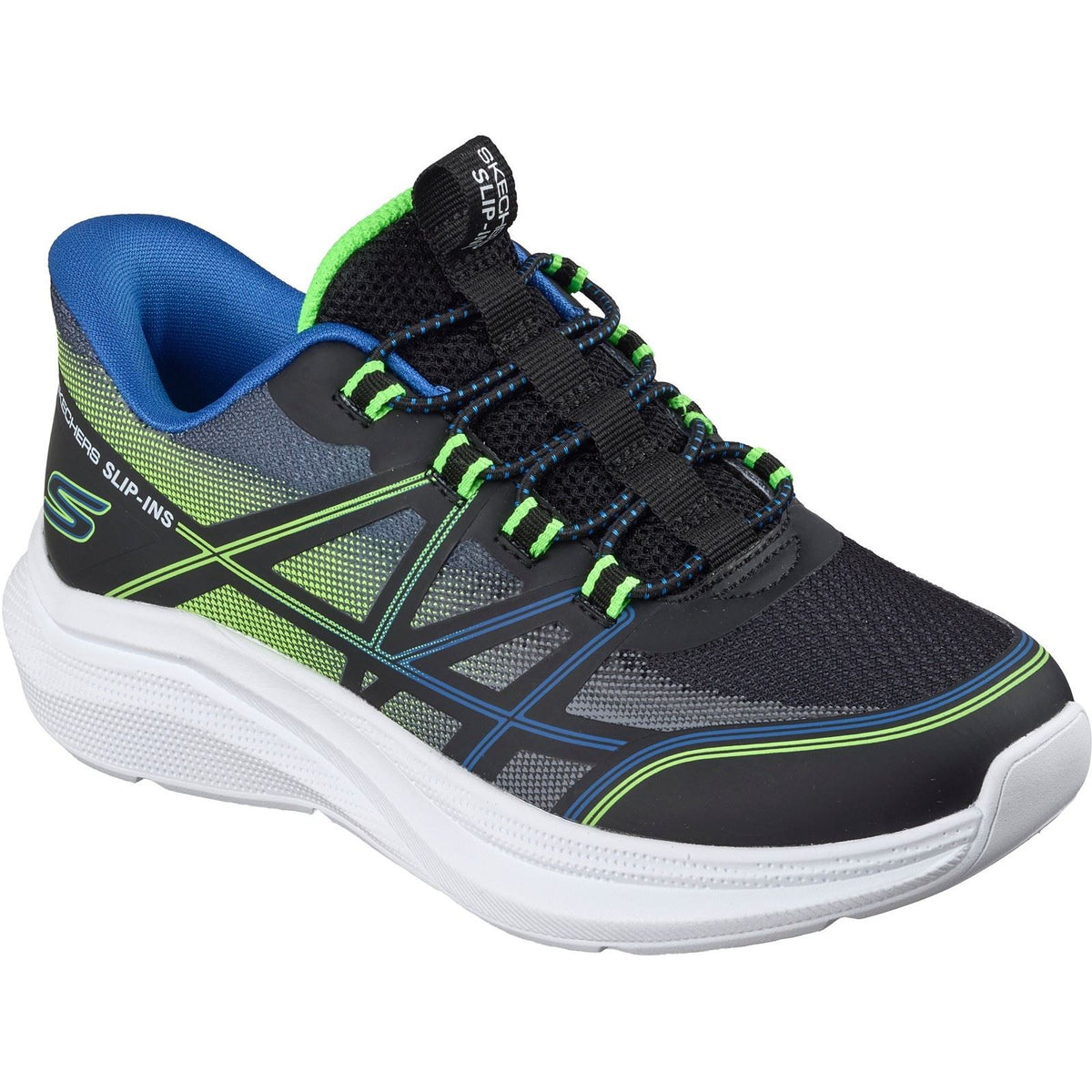 Skechers Microspec Velocity Grid-Shift Black/Blue & Lime Trainers